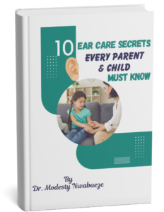 10 ear care secrete every parent and child must know book cover showing a woman gently holding the hands of her little daughter and listening to her