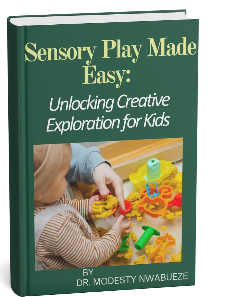 Sensory play made easy book cover showing a child playing with plastic toys on a sensory table