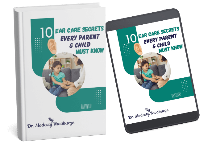 10 ear care secrete every parent and child must know book cover showing a woman gently holding the hands of her little daughter and listening to her