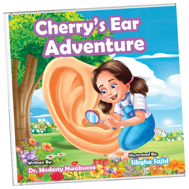 A cute girl viewing the ear with a magnifying glass