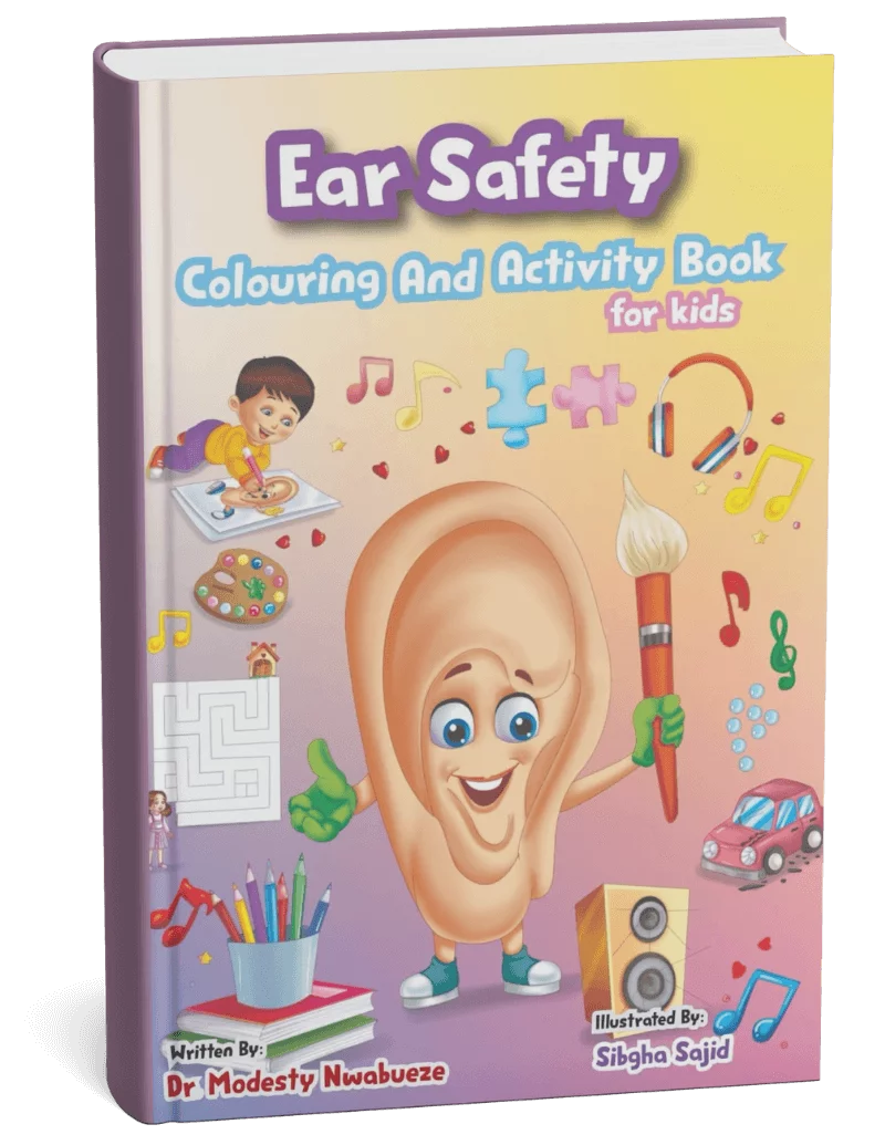 A VIBRANT BOOK COVER DISPLAYING CENTRALLY PLACED EAR SURRONDED BY OBJECTS SUCH AS HEADPHONE, MUSIC BOX, BEADS, PUZZLE PIECES. A YOUNG CHILD IS ESEEN HAPPILY COLORING THE EAR ON THE UPPER RIGHT HAND CORNER.