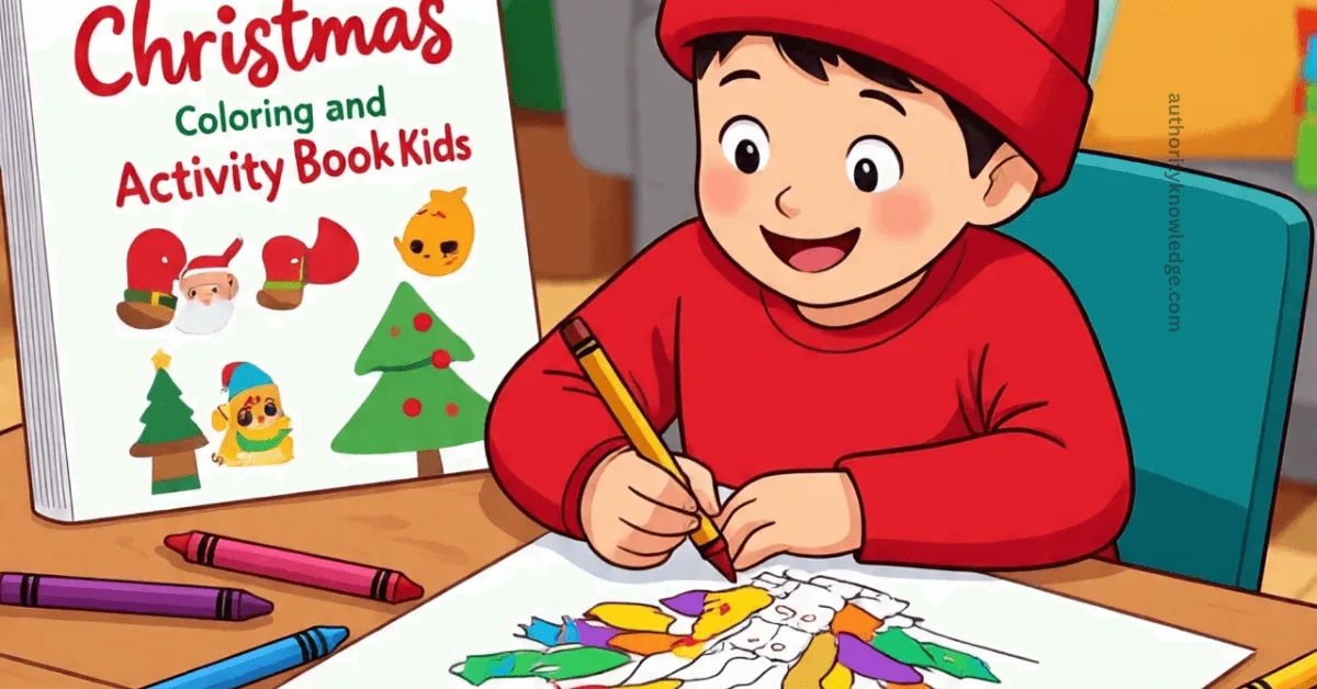 Cartoon image of a boy coloring a christmas page